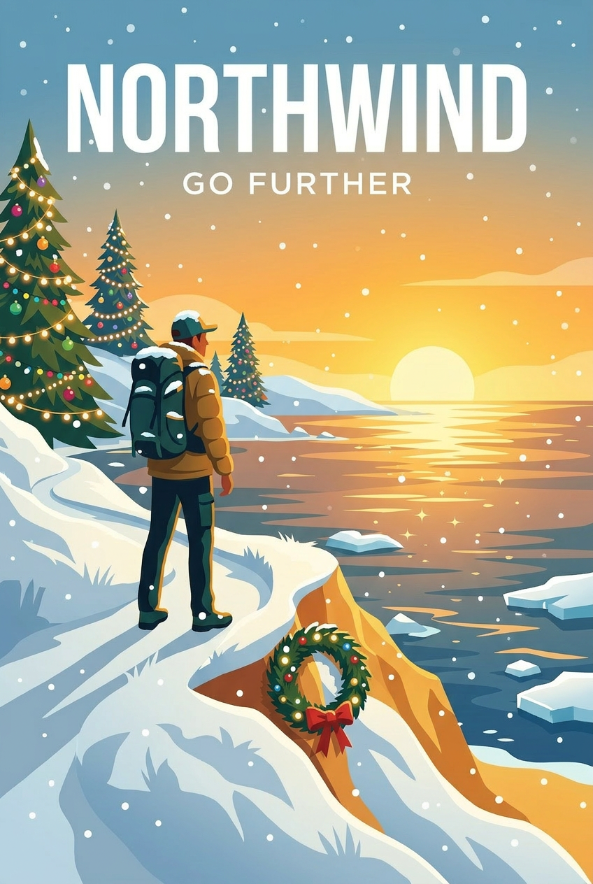 A winter-holiday variant with snow and a decorated tree, the NORTHWIND wordmark and GO FURTHER tagline preserved on the same composition