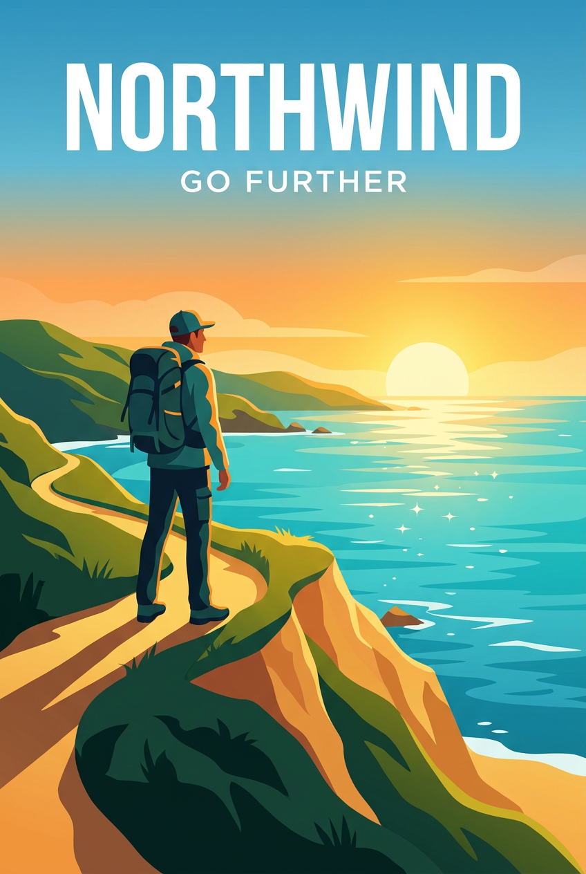 A summer campaign poster, the NORTHWIND wordmark above the GO FURTHER tagline over a coastal hike at golden hour