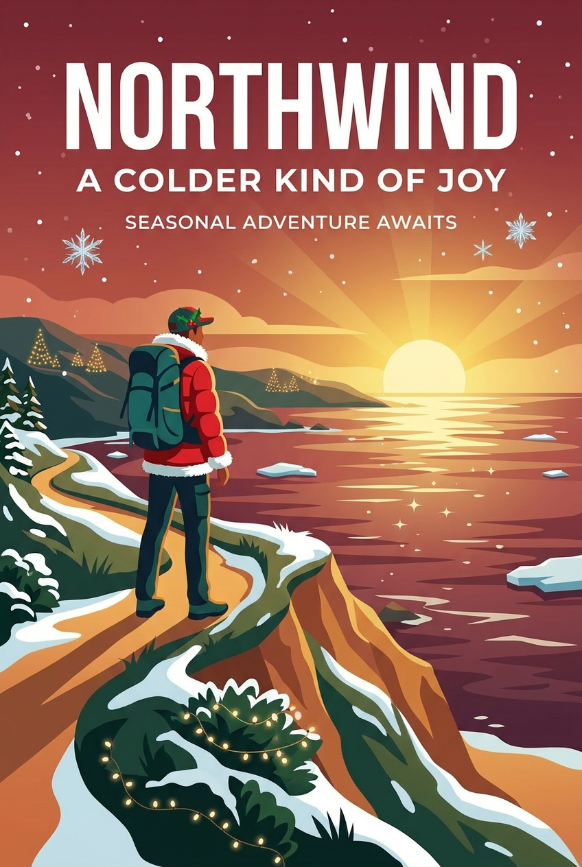 A raw holiday edit that rewrote the tagline to "A COLDER KIND OF JOY" and added a "SEASONAL ADVENTURE AWAITS" slogan