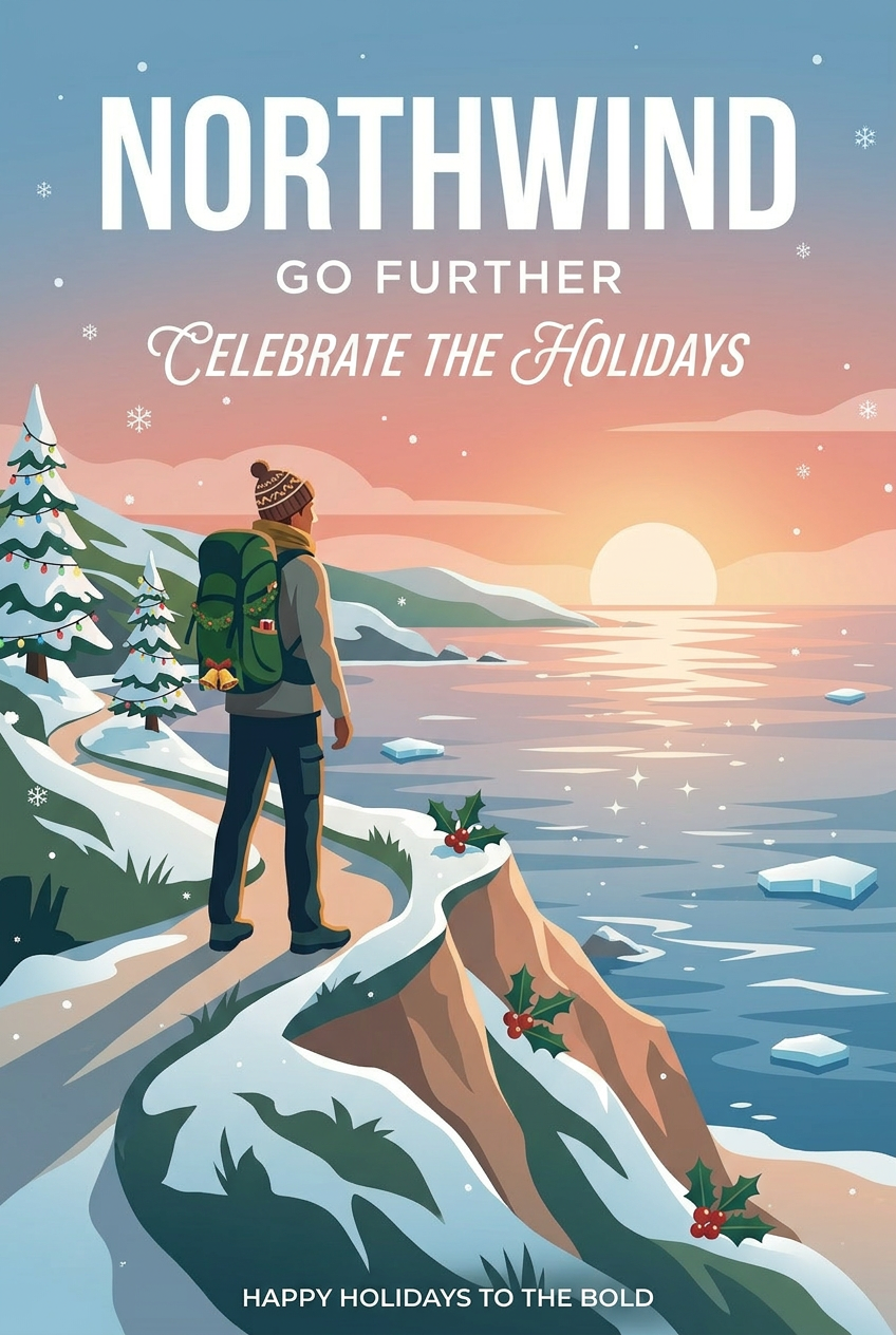 A naive winter edit that invented new ad copy, a script "Celebrate the Holidays" and a footer "HAPPY HOLIDAYS TO THE BOLD"