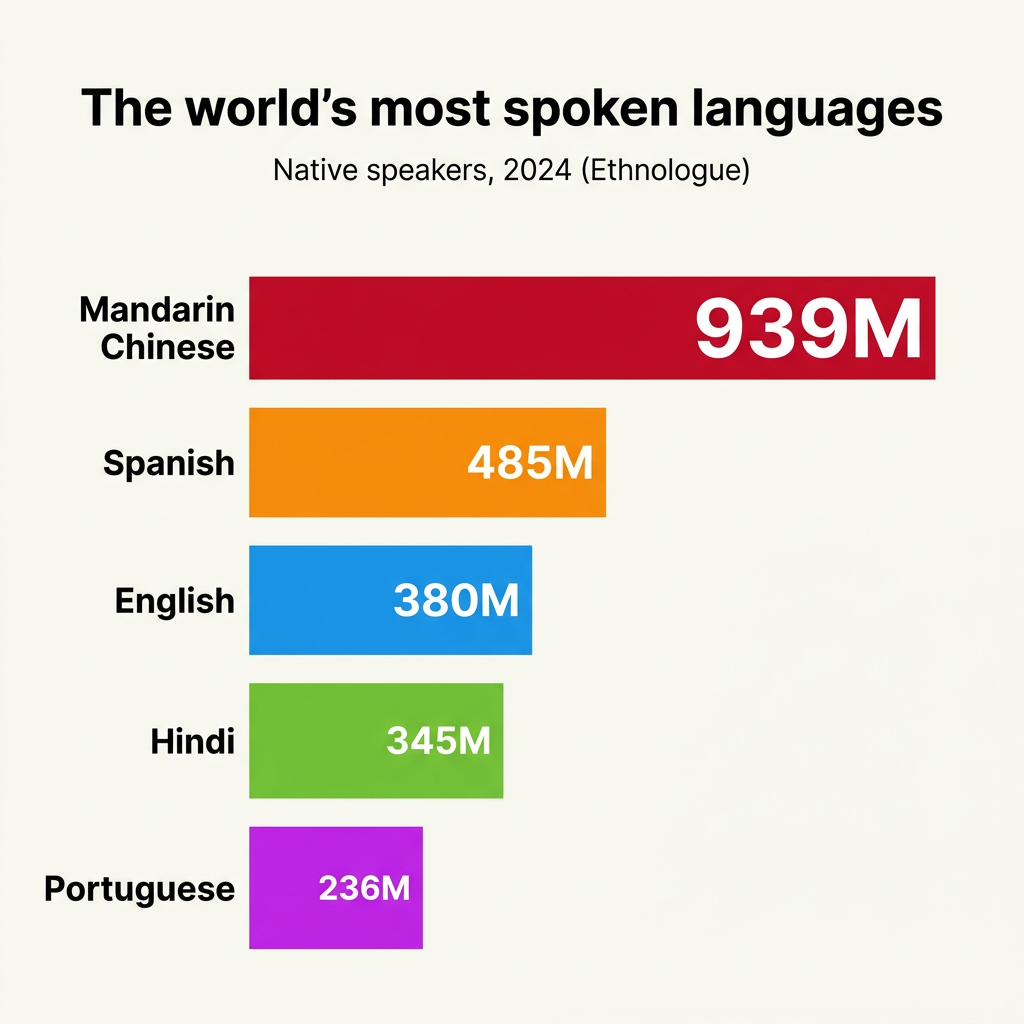A clean bar chart with Mandarin Chinese 939M leading, then Spanish 485M, English 380M, Hindi 345M, and Portuguese 236M in distinct colors