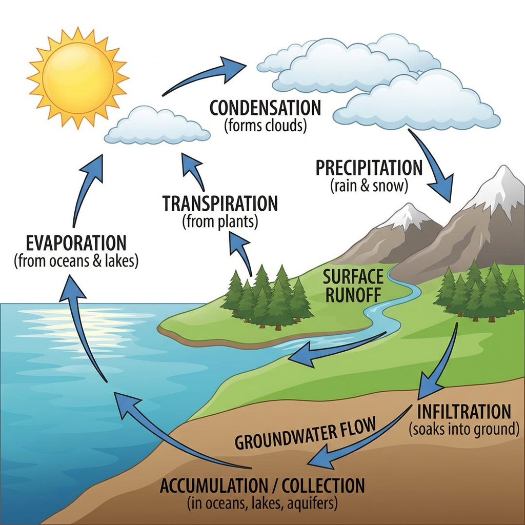 A clean labeled water cycle diagram where evaporation rises, condensation forms clouds, precipitation falls, and collection returns water, every arrow pointing the right way