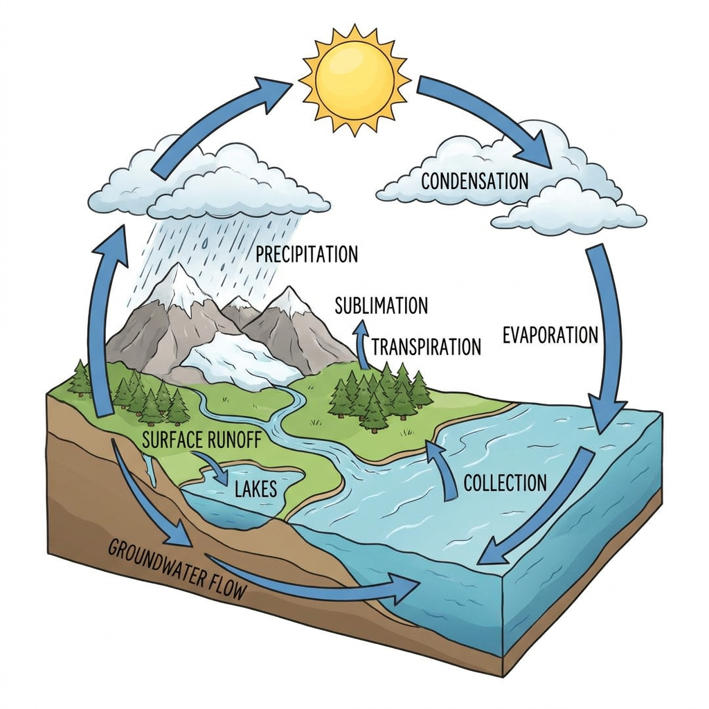 A labeled water cycle diagram where every stage is spelled correctly but the arrow labeled evaporation points downward from the sky into the ocean instead of rising