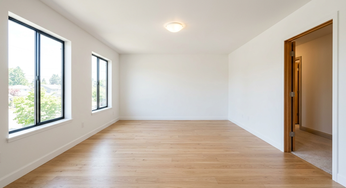 An empty living room with two windows on the left wall and one doorway on the right
