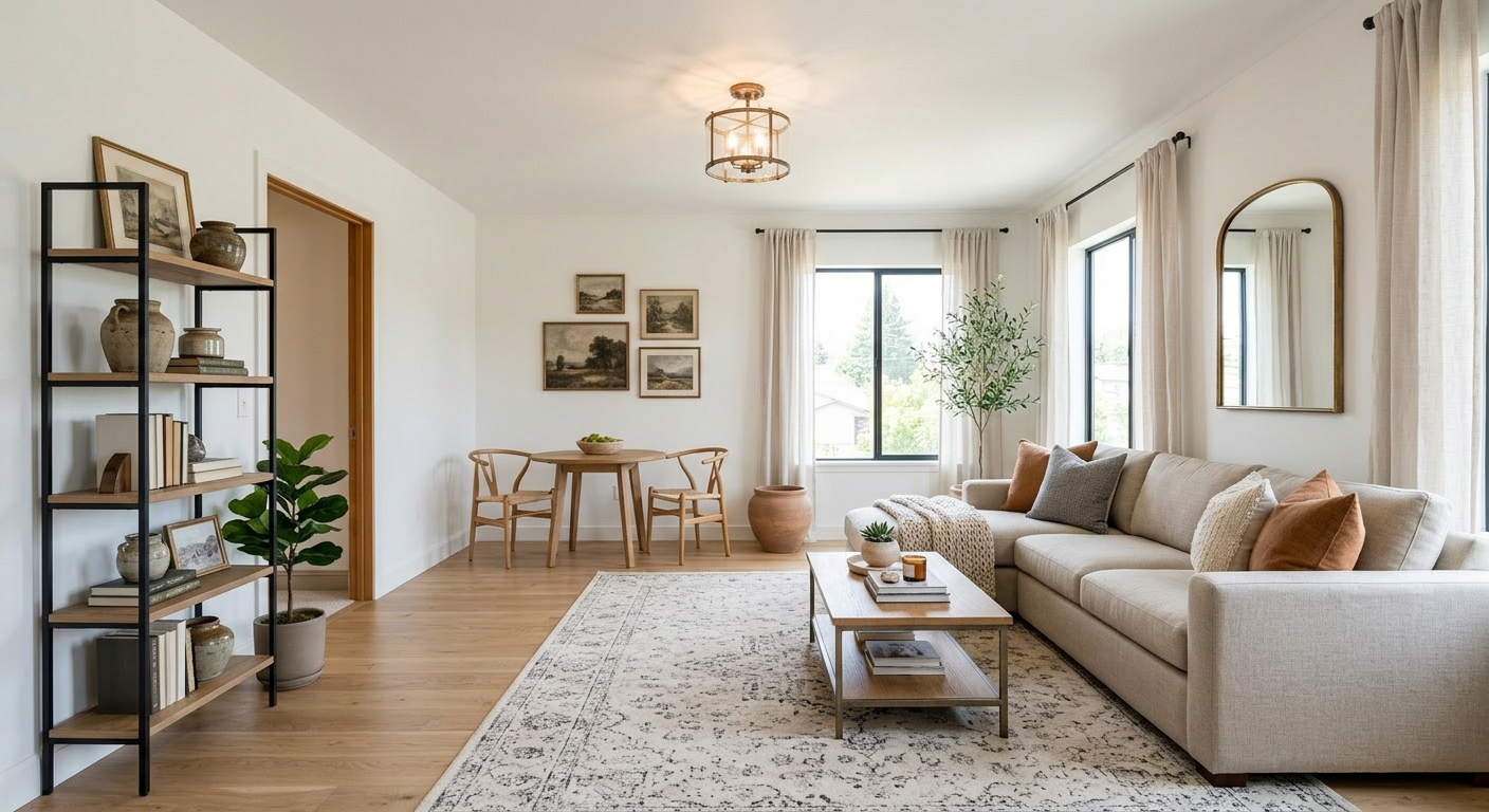 A staged room where both left-wall windows are gone and the right-wall doorway is missing
