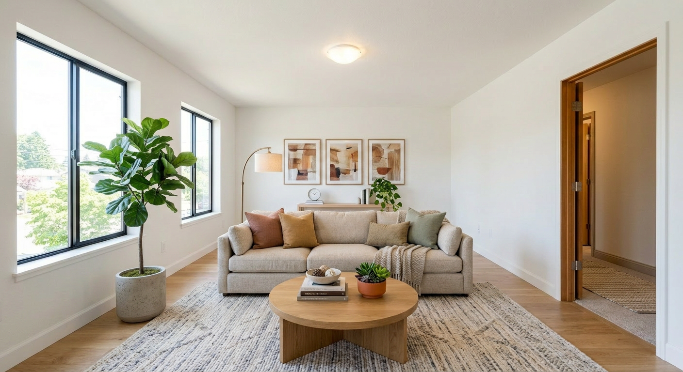 A staged room that kept both left-wall windows and the right-wall doorway